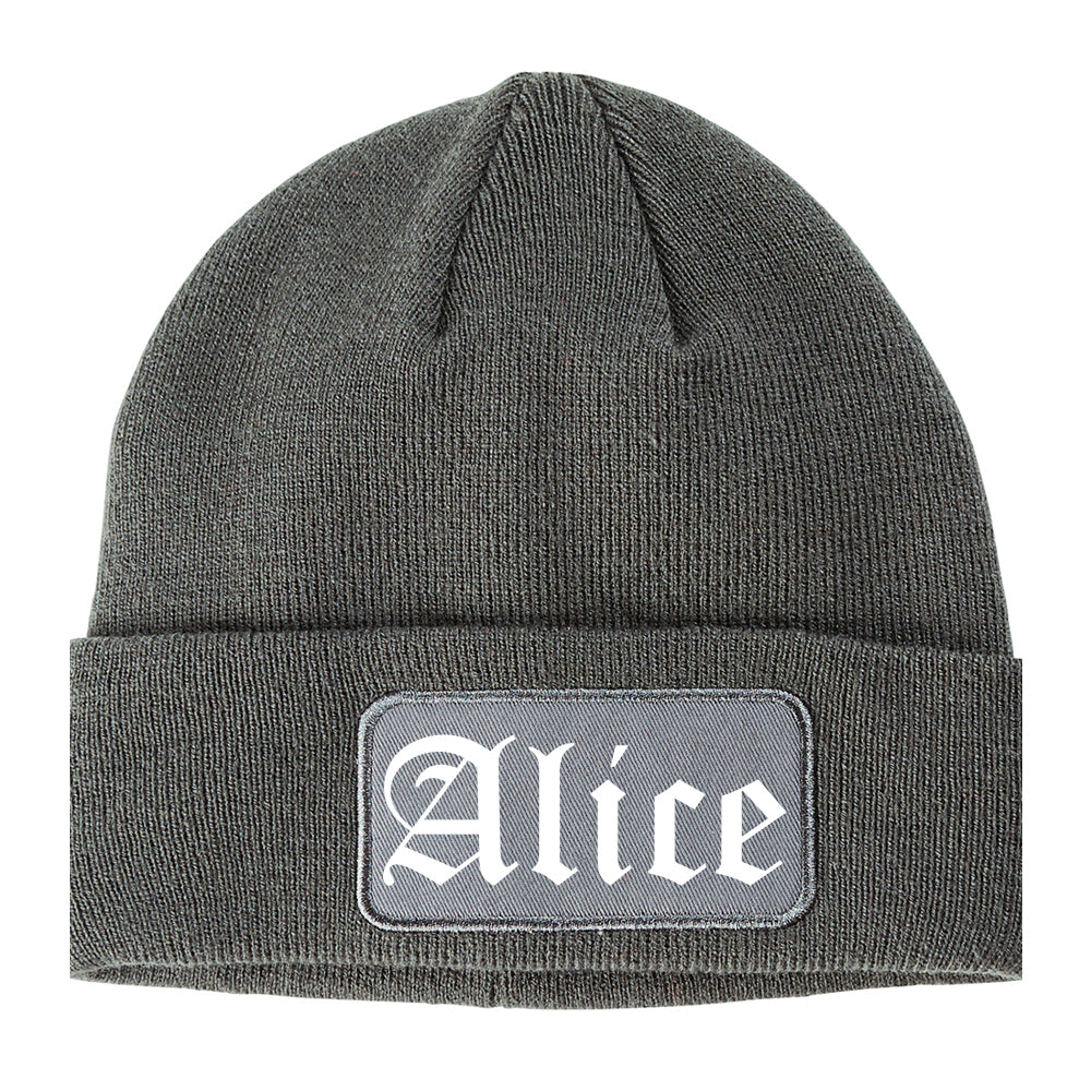 Alice Texas TX Old English Mens Knit Beanie Hat Cap Grey