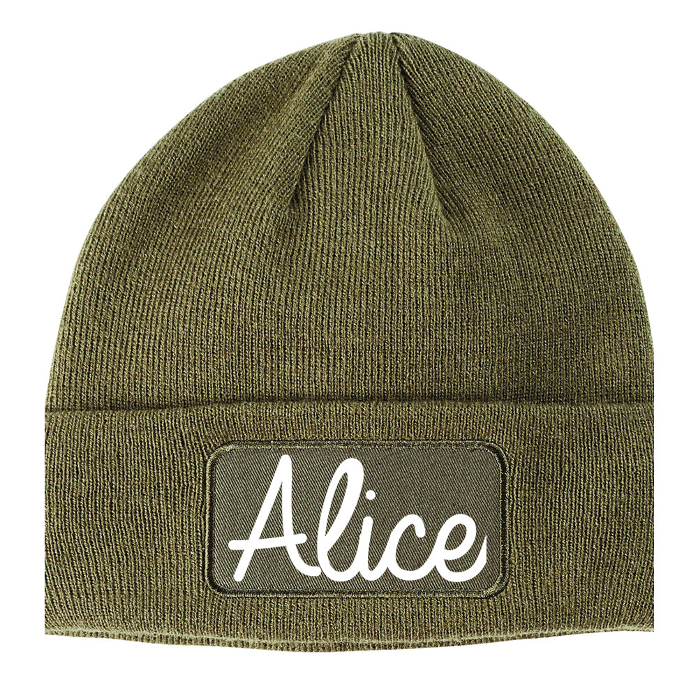 Alice Texas TX Script Mens Knit Beanie Hat Cap Olive Green