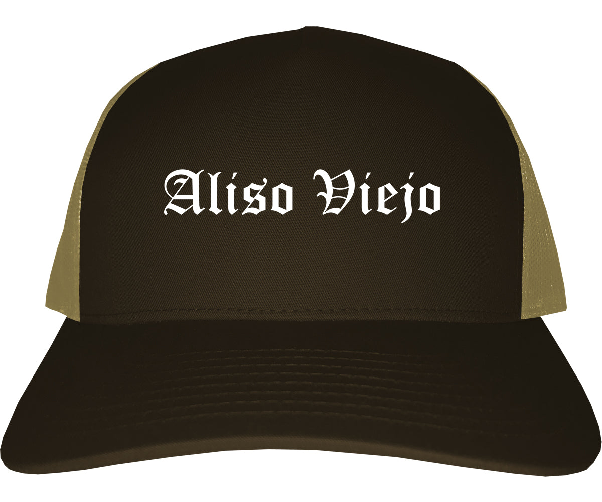 Aliso Viejo California CA Old English Mens Trucker Hat Cap Brown