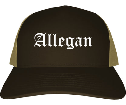 Allegan Michigan MI Old English Mens Trucker Hat Cap Brown