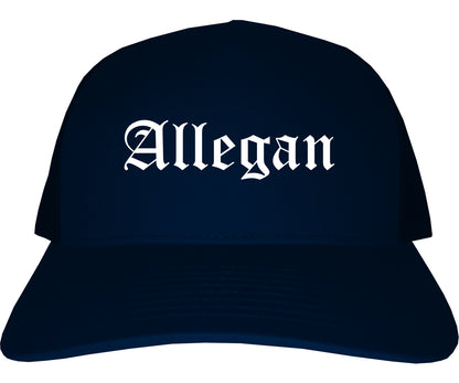 Allegan Michigan MI Old English Mens Trucker Hat Cap Navy Blue