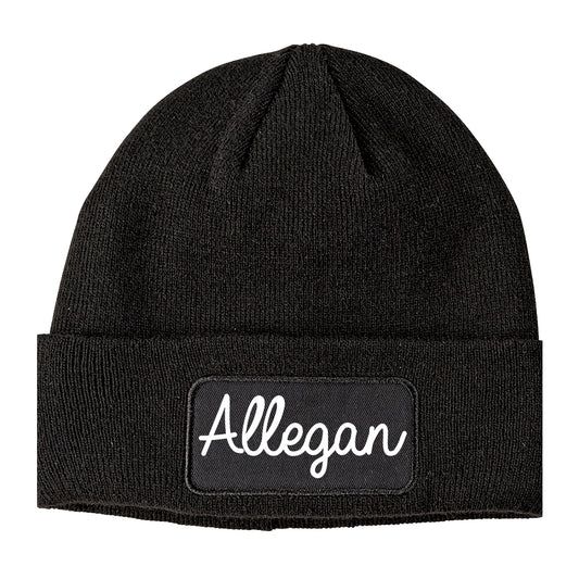 Allegan Michigan MI Script Mens Knit Beanie Hat Cap Black