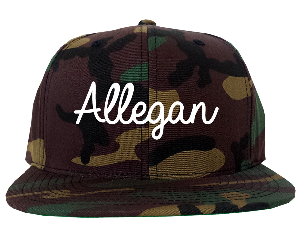 Allegan Michigan MI Script Mens Snapback Hat Army Camo