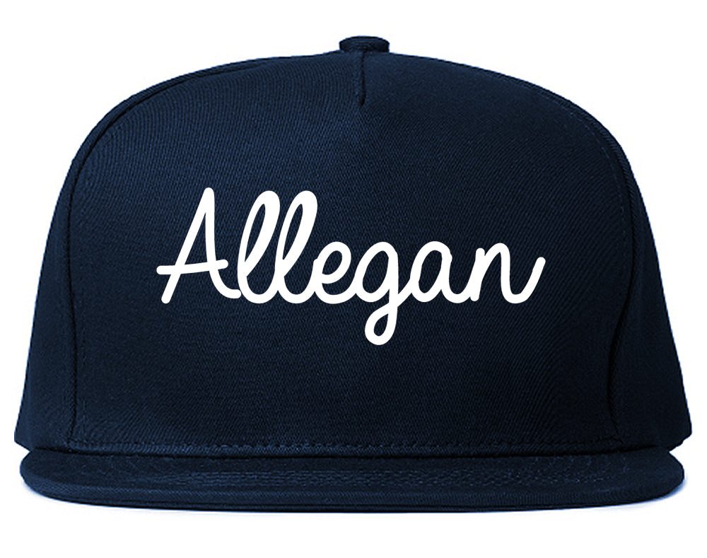 Allegan Michigan MI Script Mens Snapback Hat Navy Blue