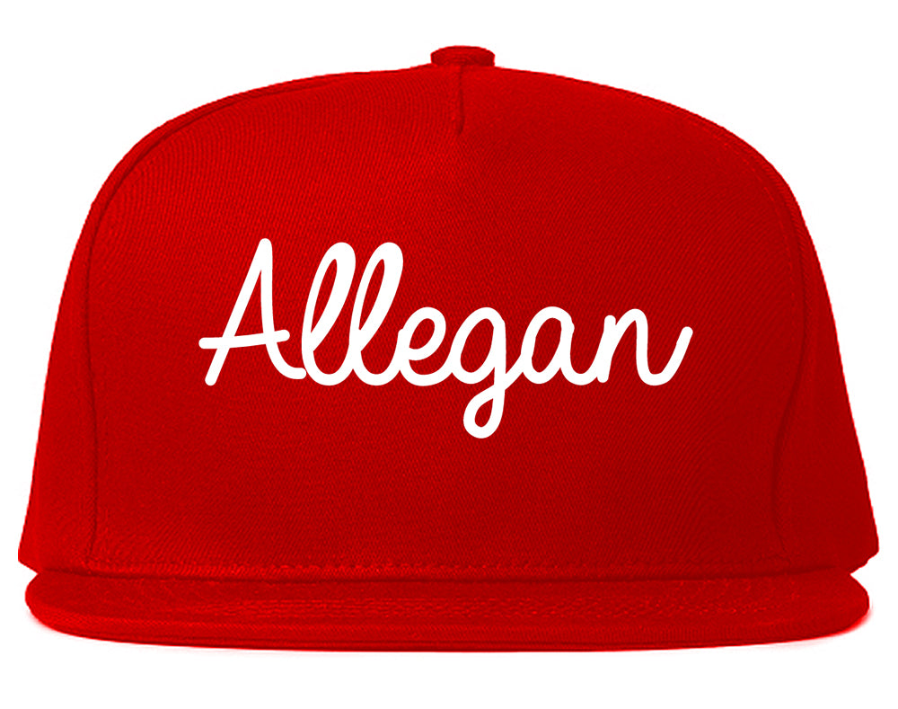 Allegan Michigan MI Script Mens Snapback Hat Red