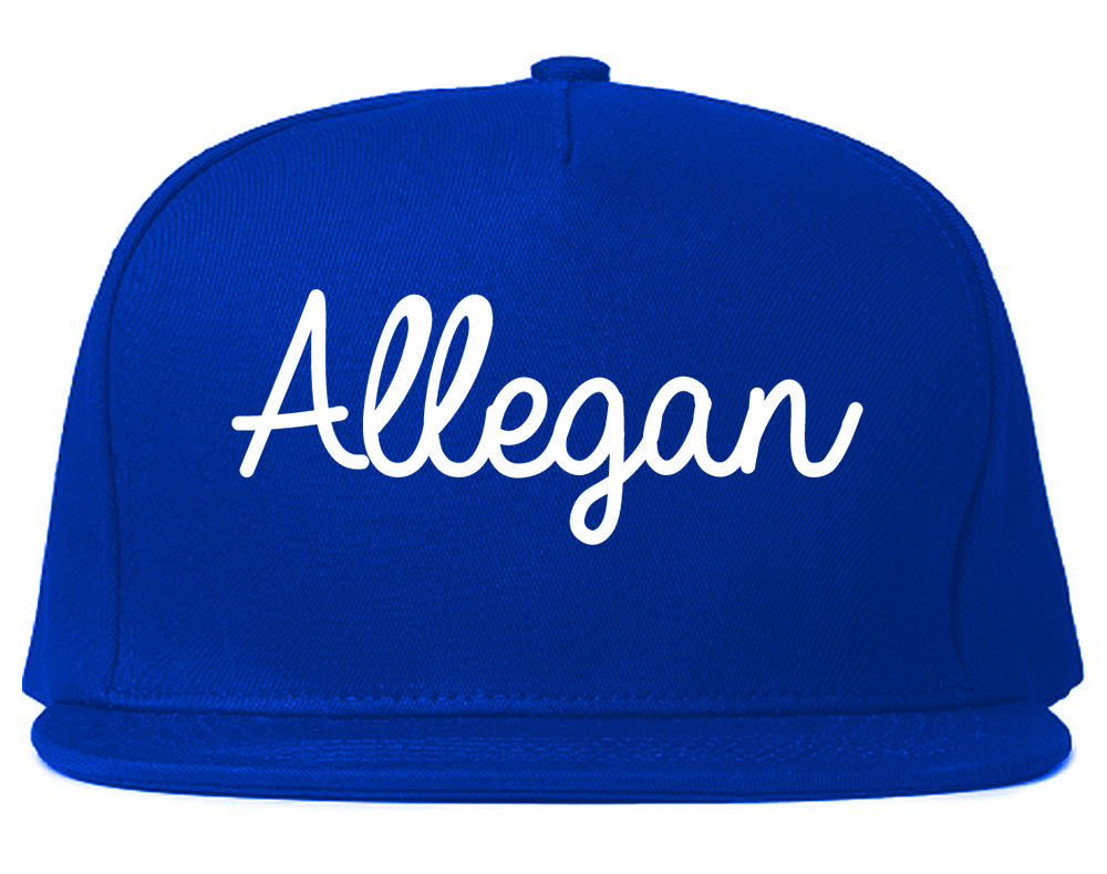 Allegan Michigan MI Script Mens Snapback Hat Royal Blue