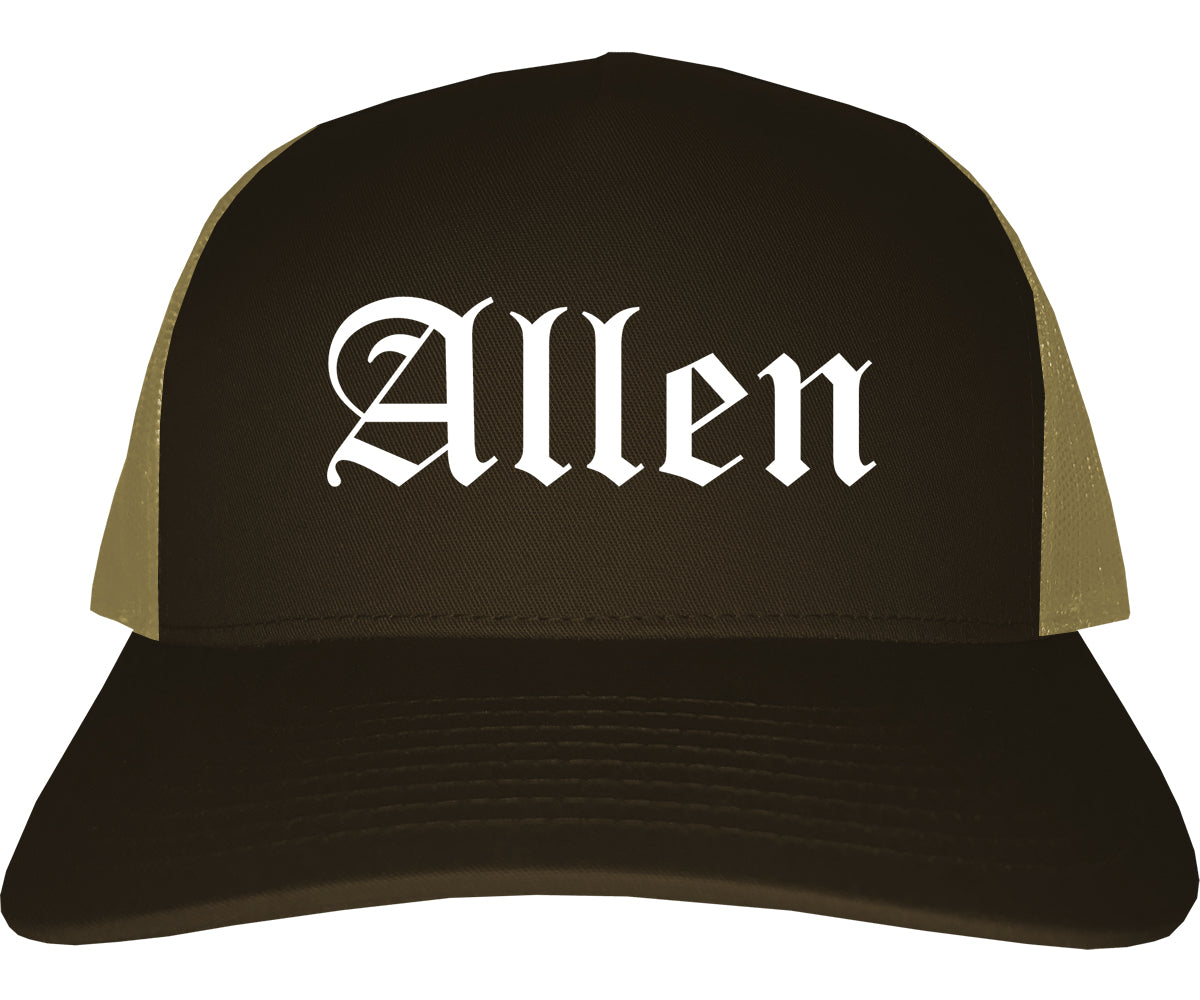 Allen Texas TX Old English Mens Trucker Hat Cap Brown