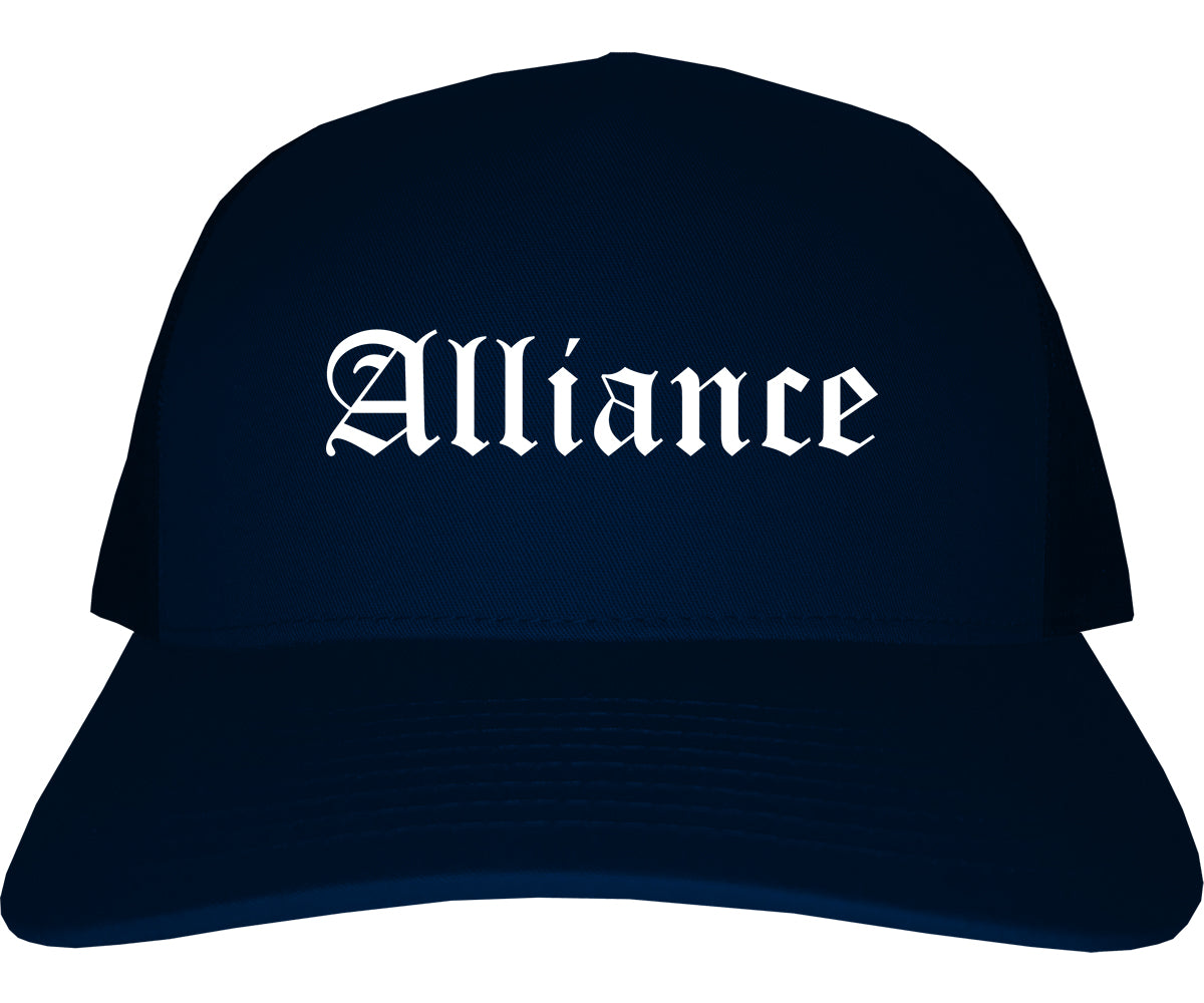 Alliance Nebraska NE Old English Mens Trucker Hat Cap Navy Blue