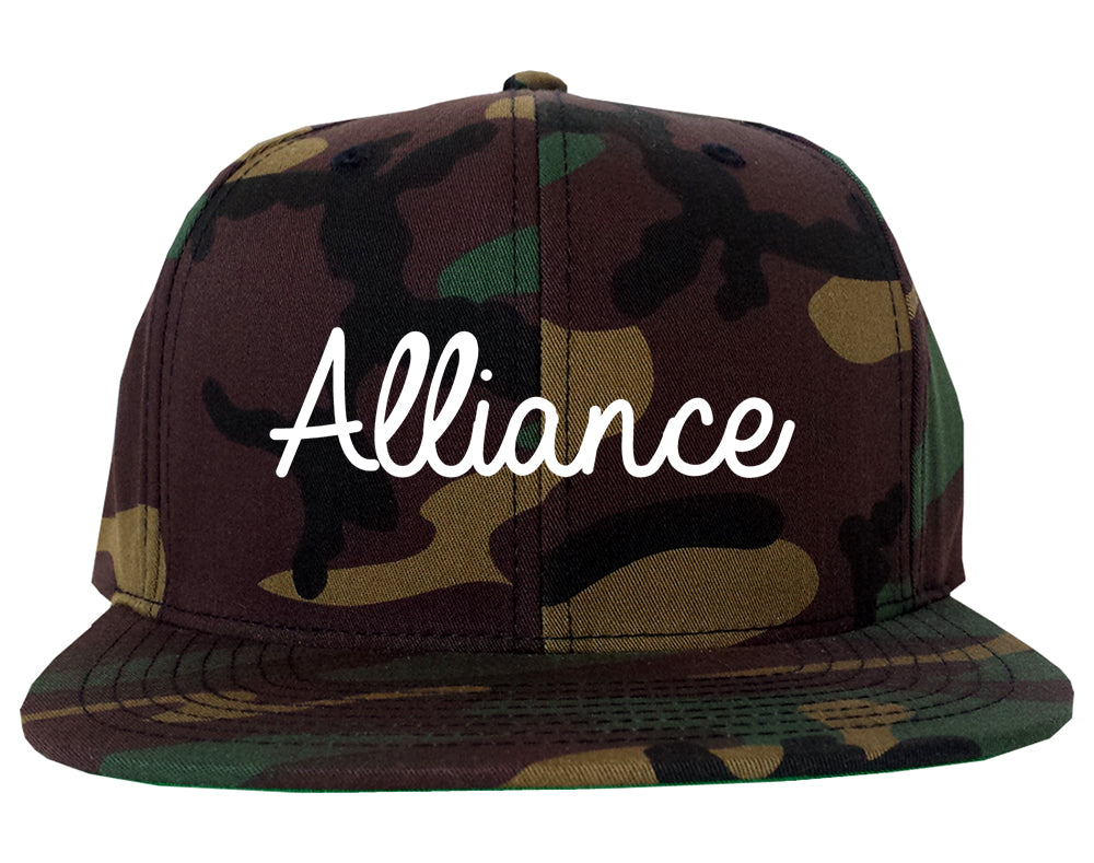 Alliance Nebraska NE Script Mens Snapback Hat Army Camo