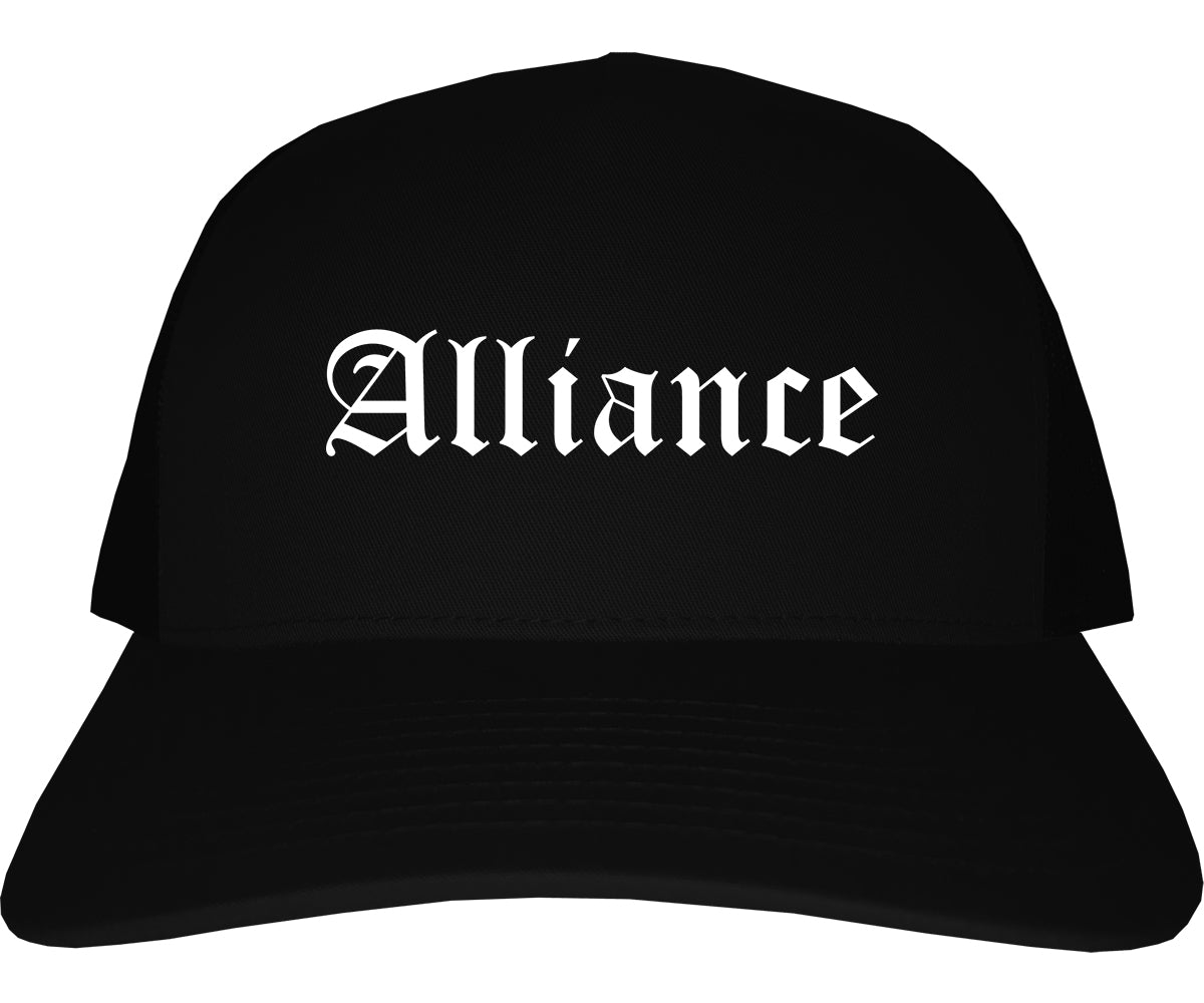 Alliance Ohio OH Old English Mens Trucker Hat Cap Black