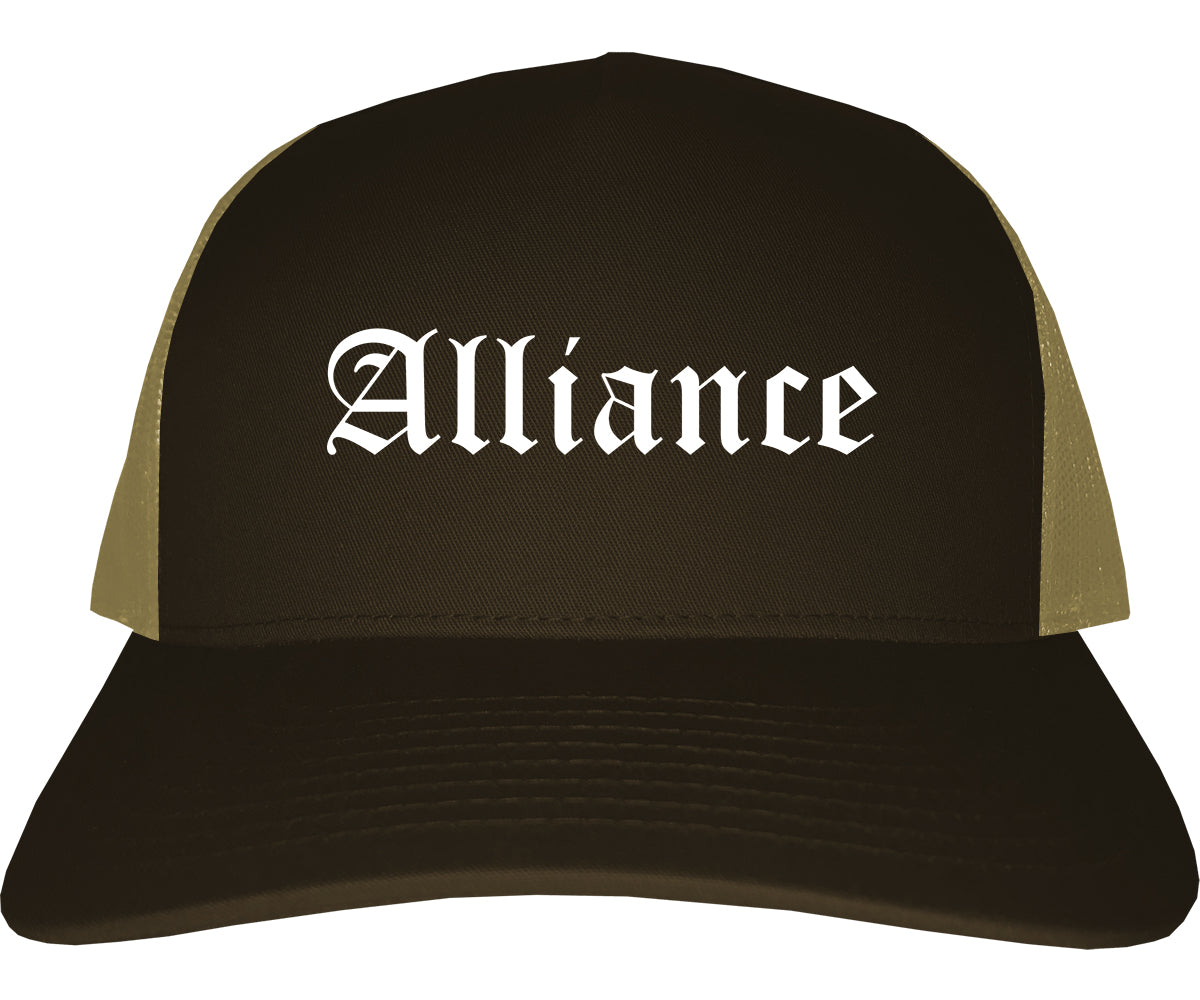 Alliance Ohio OH Old English Mens Trucker Hat Cap Brown