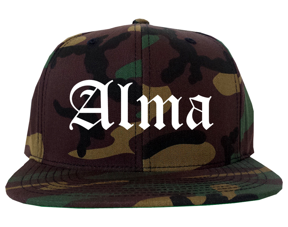 Alma Arkansas AR Old English Mens Snapback Hat Army Camo