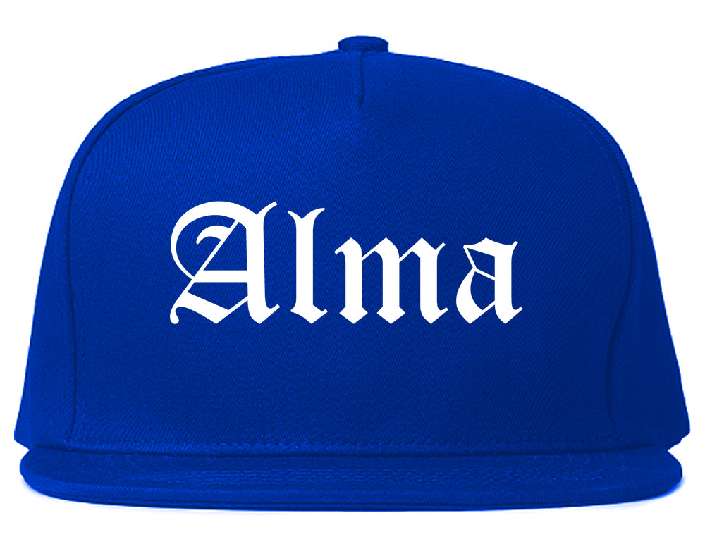 Alma Arkansas AR Old English Mens Snapback Hat Royal Blue