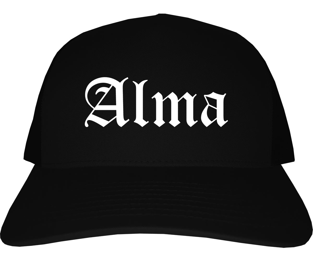 Alma Arkansas AR Old English Mens Trucker Hat Cap Black