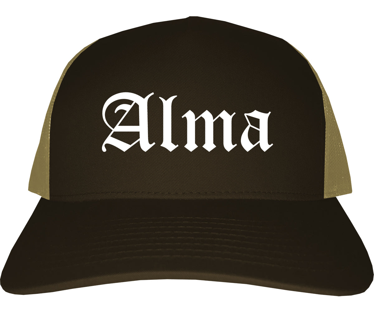Alma Arkansas AR Old English Mens Trucker Hat Cap Brown