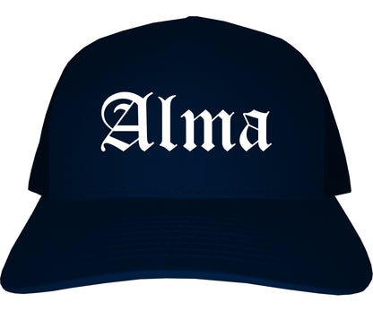 Alma Arkansas AR Old English Mens Trucker Hat Cap Navy Blue