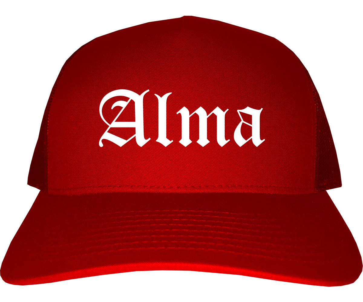 Alma Arkansas AR Old English Mens Trucker Hat Cap Red