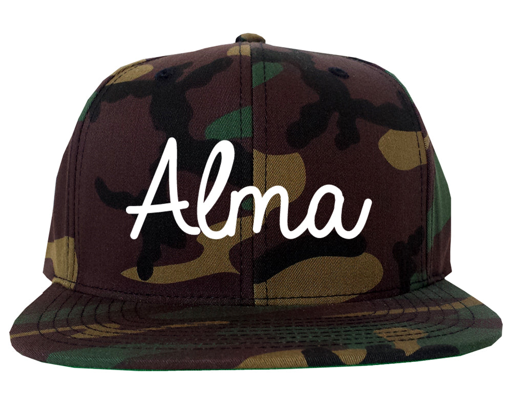 Alma Arkansas AR Script Mens Snapback Hat Army Camo