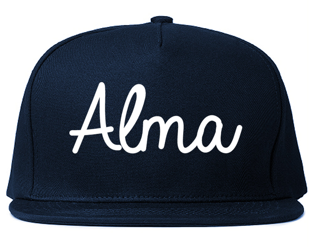 Alma Arkansas AR Script Mens Snapback Hat Navy Blue