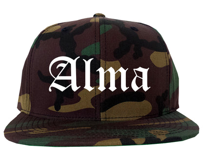 Alma Michigan MI Old English Mens Snapback Hat Army Camo