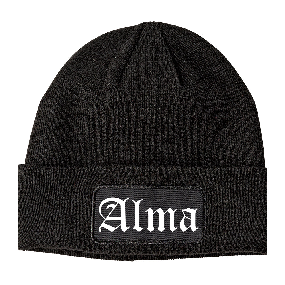 Alma Michigan MI Old English Mens Knit Beanie Hat Cap Black