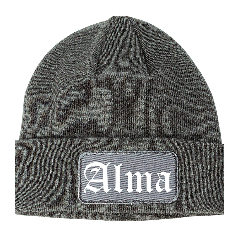 Alma Michigan MI Old English Mens Knit Beanie Hat Cap Grey