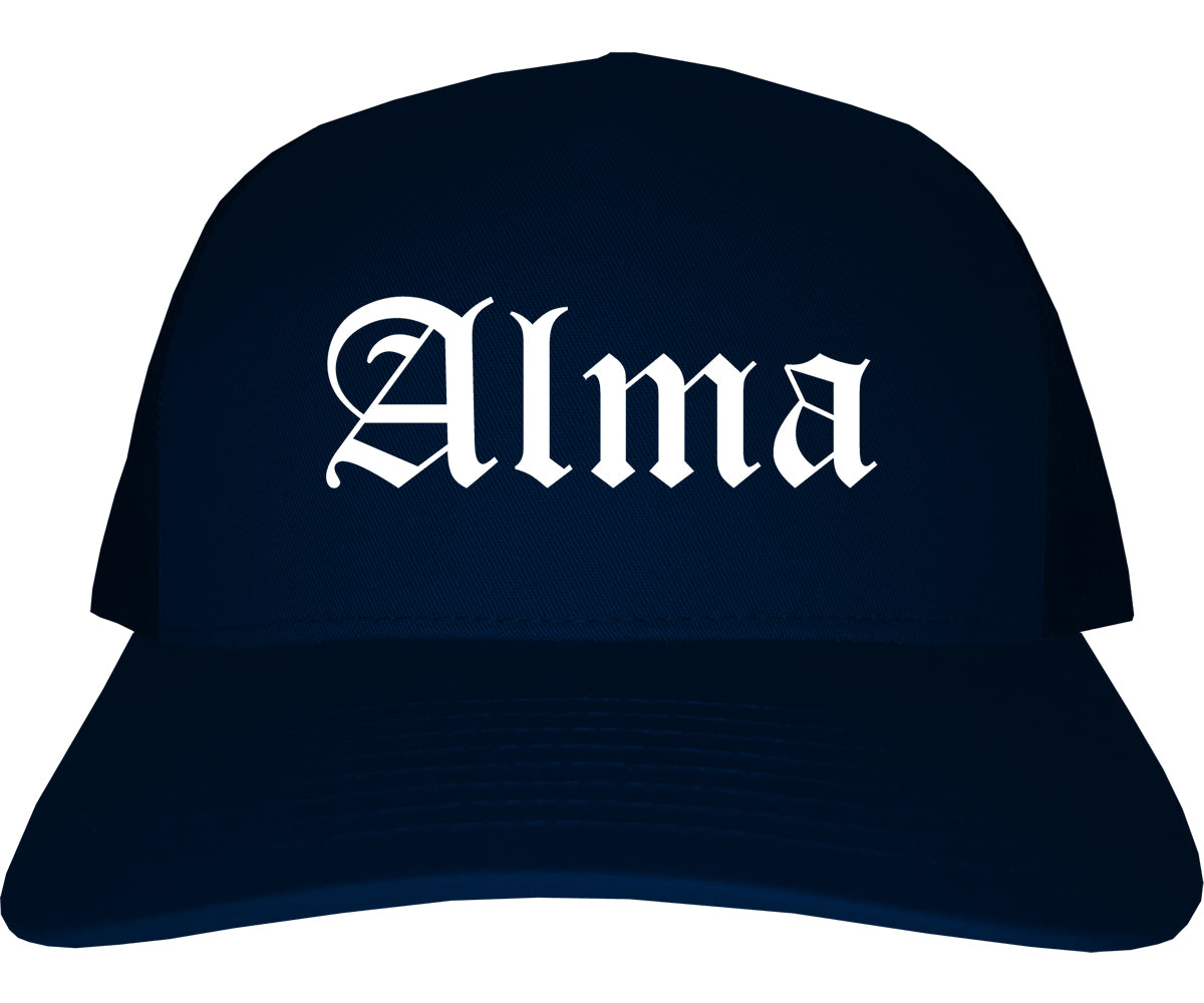 Alma Michigan MI Old English Mens Trucker Hat Cap Navy Blue