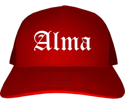 Alma Michigan MI Old English Mens Trucker Hat Cap Red