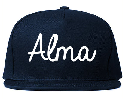 Alma Michigan MI Script Mens Snapback Hat Navy Blue