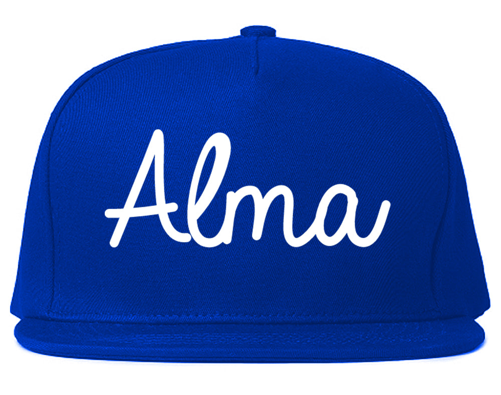 Alma Michigan MI Script Mens Snapback Hat Royal Blue