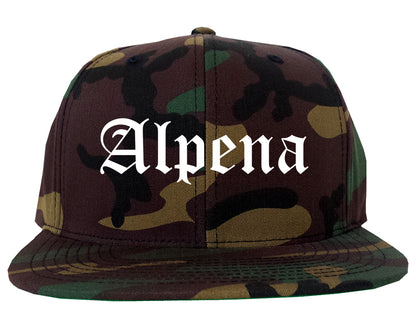 Alpena Michigan MI Old English Mens Snapback Hat Army Camo