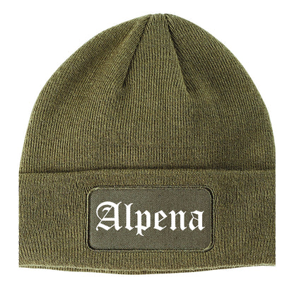 Alpena Michigan MI Old English Mens Knit Beanie Hat Cap Olive Green