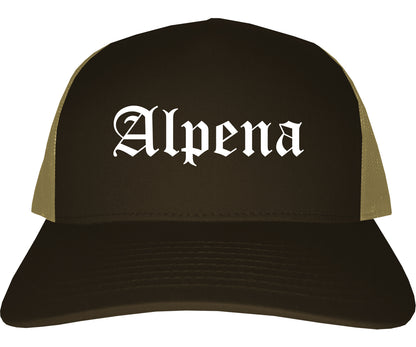 Alpena Michigan MI Old English Mens Trucker Hat Cap Brown