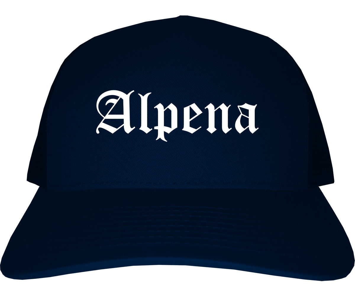 Alpena Michigan MI Old English Mens Trucker Hat Cap Navy Blue