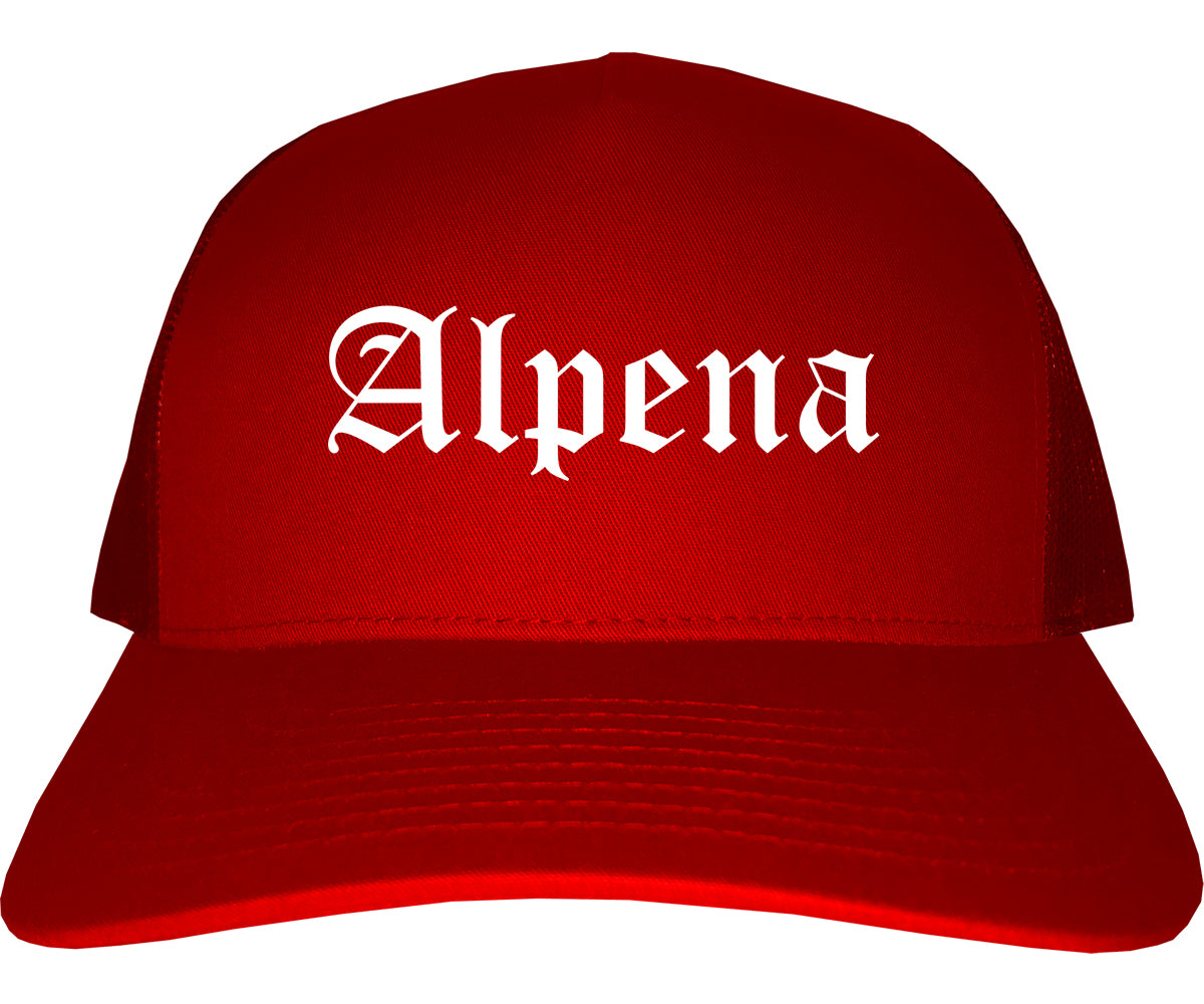 Alpena Michigan MI Old English Mens Trucker Hat Cap Red