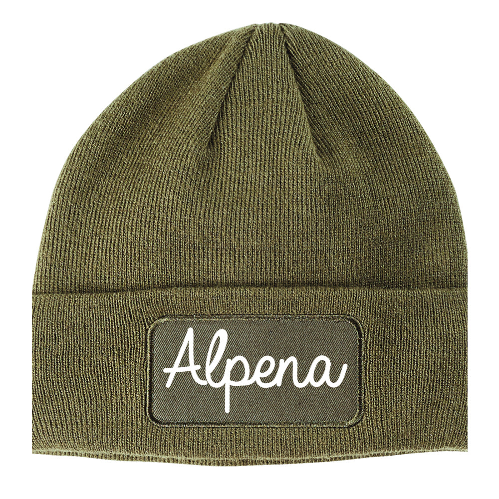 Alpena Michigan MI Script Mens Knit Beanie Hat Cap Olive Green