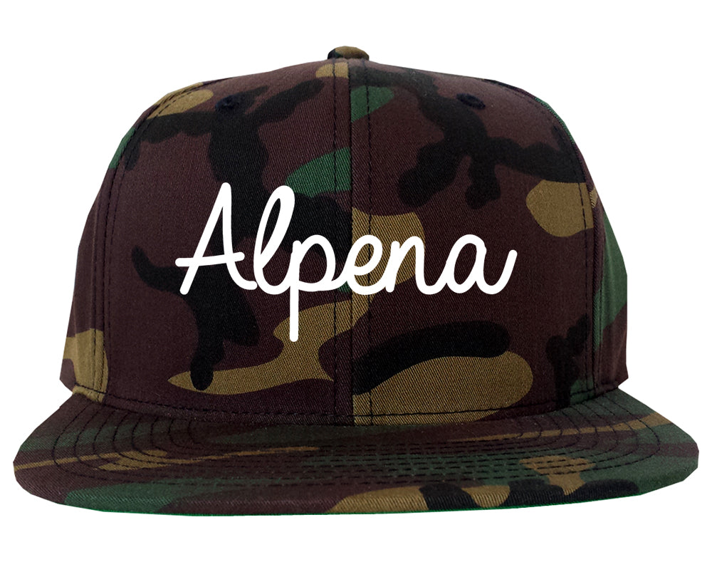 Alpena Michigan MI Script Mens Snapback Hat Army Camo