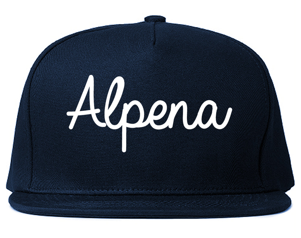 Alpena Michigan MI Script Mens Snapback Hat Navy Blue