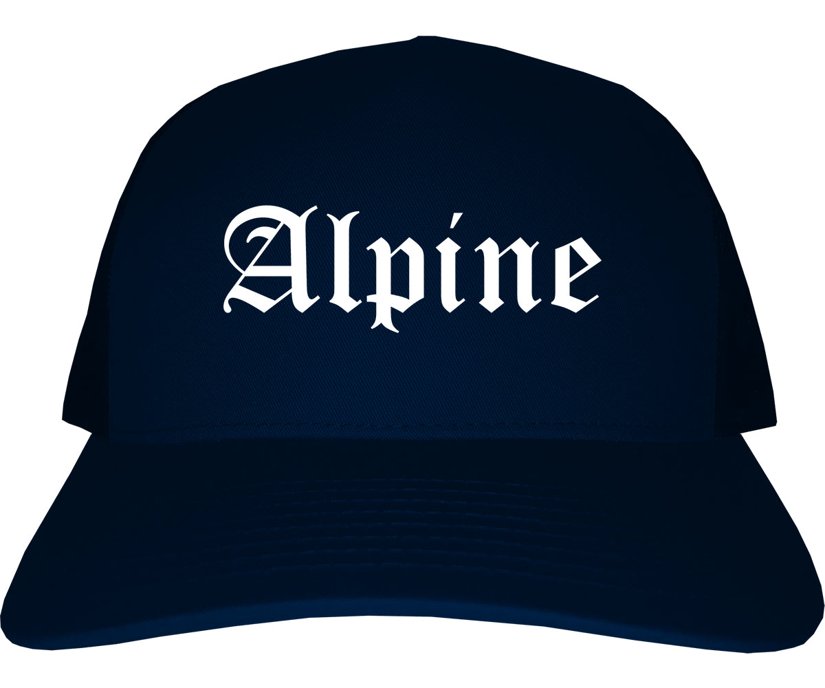 Alpine Utah UT Old English Mens Trucker Hat Cap Navy Blue