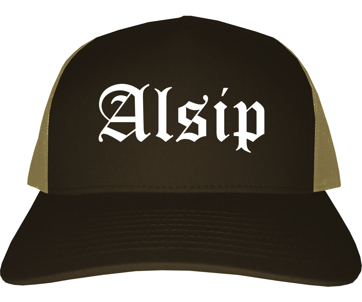 Alsip Illinois IL Old English Mens Trucker Hat Cap Brown