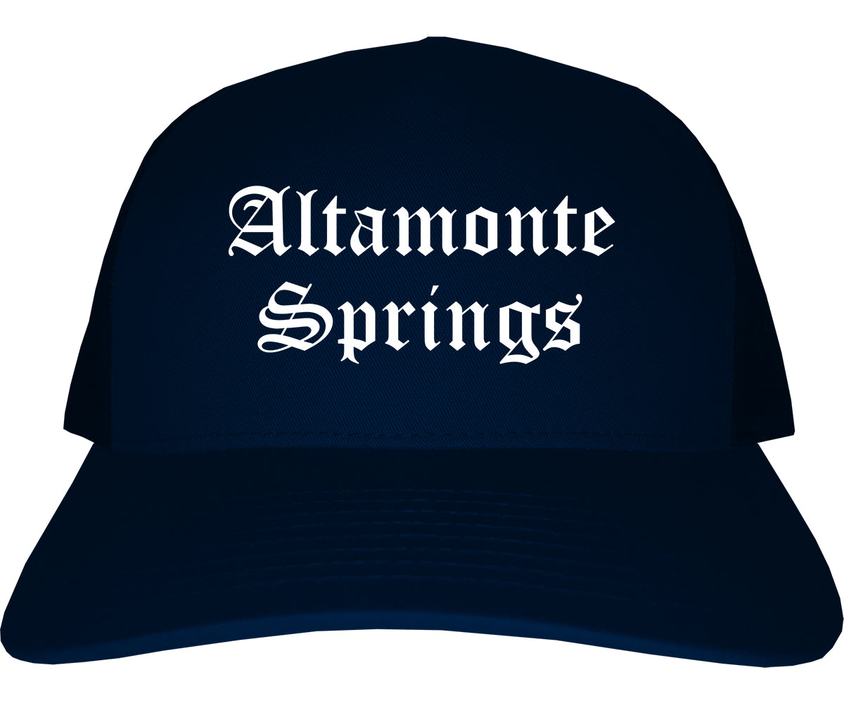 Altamonte Springs Florida FL Old English Mens Trucker Hat Cap Navy Blue