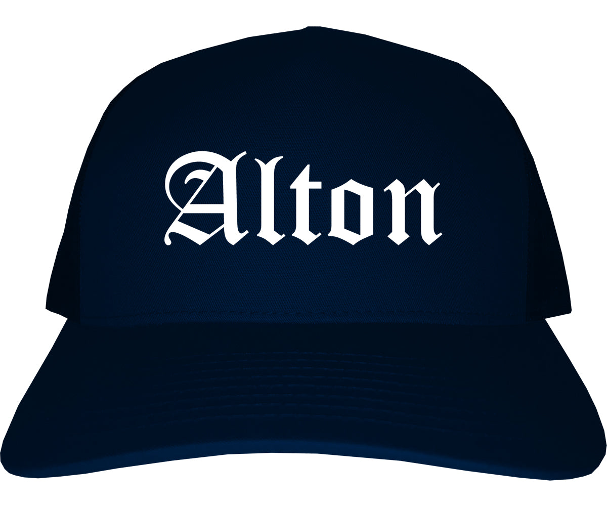 Alton Illinois IL Old English Mens Trucker Hat Cap Navy Blue