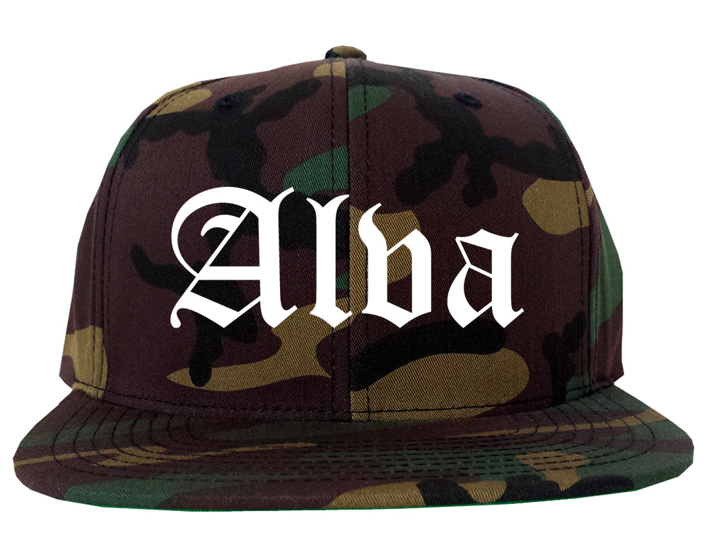 Alva Oklahoma OK Old English Mens Snapback Hat Army Camo