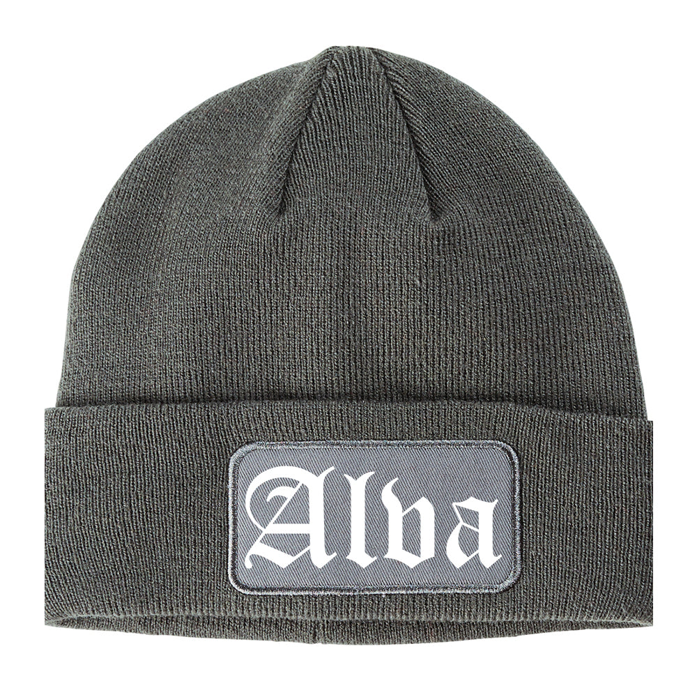 Alva Oklahoma OK Old English Mens Knit Beanie Hat Cap Grey
