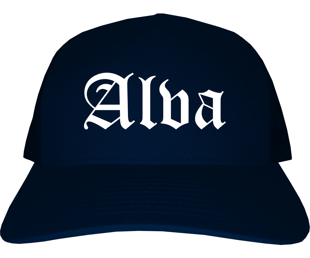 Alva Oklahoma OK Old English Mens Trucker Hat Cap Navy Blue