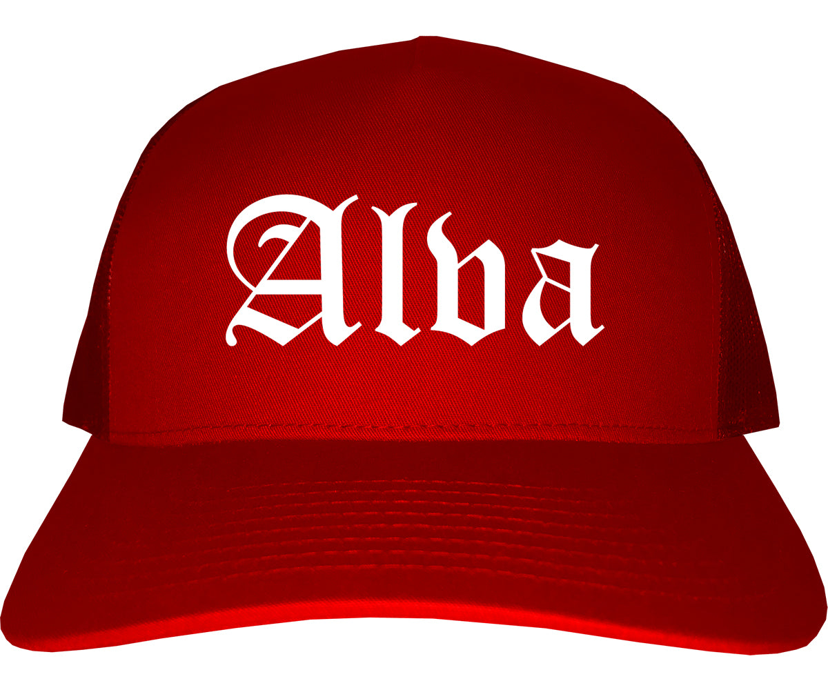 Alva Oklahoma OK Old English Mens Trucker Hat Cap Red