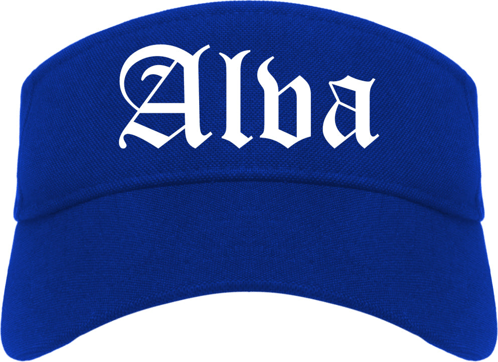 Alva Oklahoma OK Old English Mens Visor Cap Hat Royal Blue