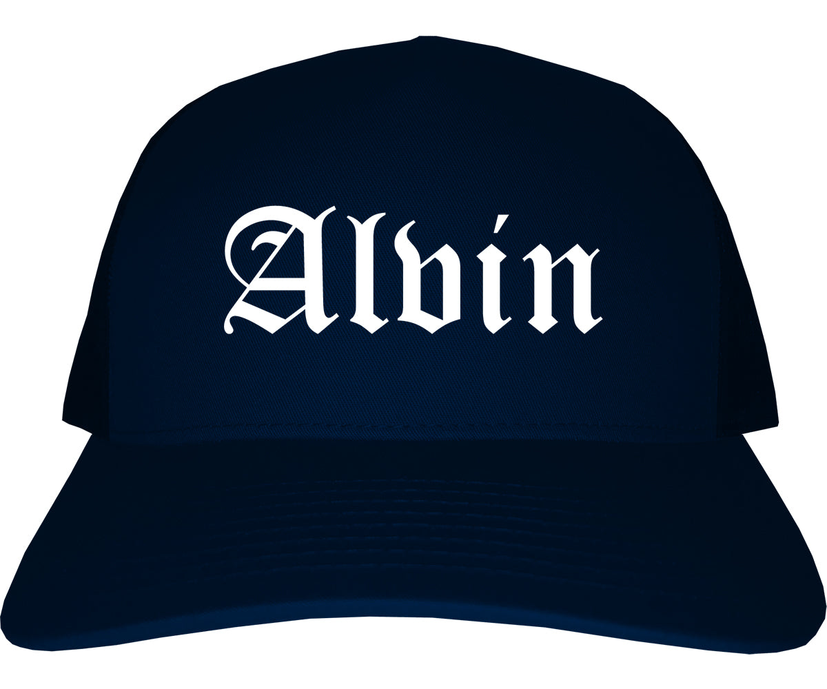 Alvin Texas TX Old English Mens Trucker Hat Cap Navy Blue