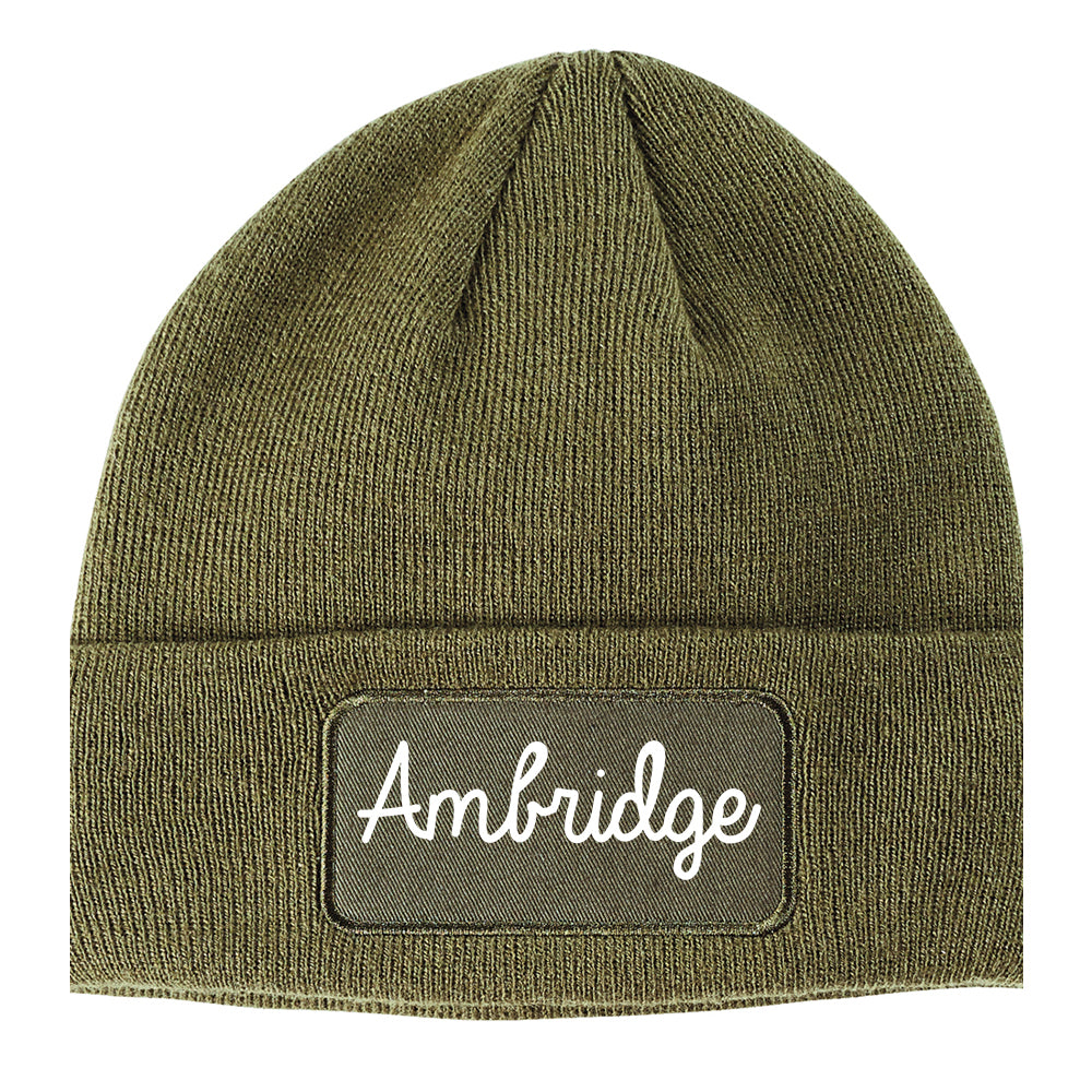 Ambridge Pennsylvania PA Script Mens Knit Beanie Hat Cap Olive Green