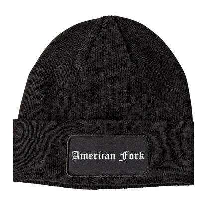 American Fork Utah UT Old English Mens Knit Beanie Hat Cap Black